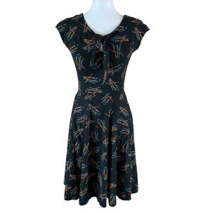 Effies Heart Black Fit Flare Dress XS Colorful Pencil Print Retro Cottagecore